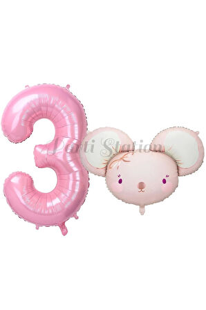 Pink Mouse 1 Yaş Balon Set Sevimli Pembe Fare Konsept Balon ve Pembe Rakam Balon Hamster Balon