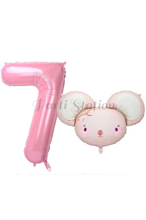 Pink Mouse 1 Yaş Balon Set Sevimli Pembe Fare Konsept Balon ve Pembe Rakam Balon Hamster Balon