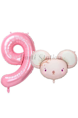 Pink Mouse 1 Yaş Balon Set Sevimli Pembe Fare Konsept Balon ve Pembe Rakam Balon Hamster Balon
