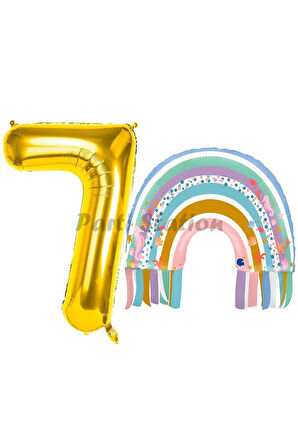 Gökkuşağı 3 Yaş Balon Set Mermaid Rainbow Konsept Balon ve Gold Rakam Balon