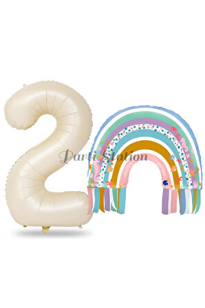 Gökkuşağı 7 Yaş Balon Set Mermaid Rainbow Konsept Balon ve Krem Rakam Balon