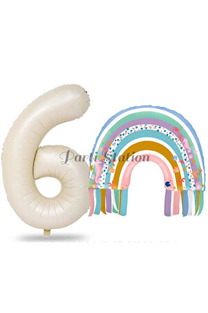 Gökkuşağı 7 Yaş Balon Set Mermaid Rainbow Konsept Balon ve Krem Rakam Balon