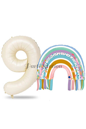 Gökkuşağı 7 Yaş Balon Set Mermaid Rainbow Konsept Balon ve Krem Rakam Balon