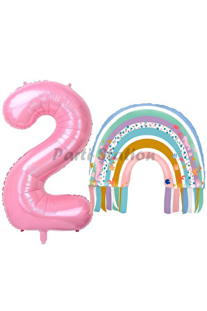 Gökkuşağı 4 Yaş Balon Set Mermaid Rainbow Konsept Balon ve Pembe Rakam Balon