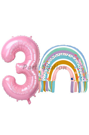 Gökkuşağı 4 Yaş Balon Set Mermaid Rainbow Konsept Balon ve Pembe Rakam Balon