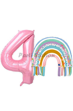 Gökkuşağı 4 Yaş Balon Set Mermaid Rainbow Konsept Balon ve Pembe Rakam Balon