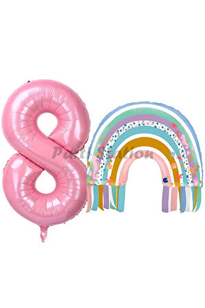 Gökkuşağı 4 Yaş Balon Set Mermaid Rainbow Konsept Balon ve Pembe Rakam Balon