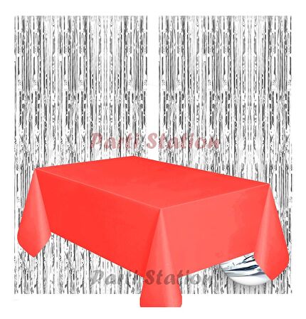 2 Adet Gümüş Gri Renk Metalize Arka Fon Perdesi ve 1 Adet Plastik Kırmızı Renk Masa Örtüsü Set