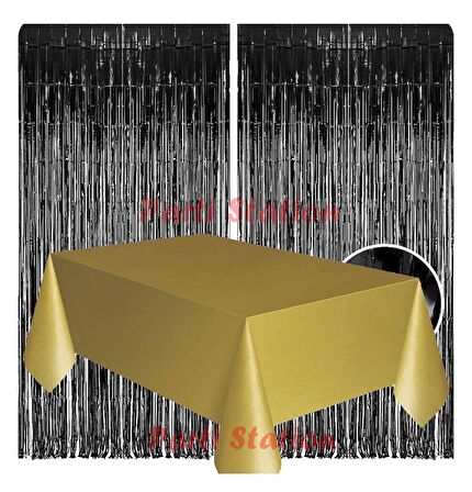 2 Adet Siyah Renk Metalize Arka Fon Perdesi ve 1 Adet Plastik Gold Altın Renk Masa Örtüsü Set