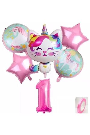 Unicorn Kedi Kitty Konsept 1 Yaş Balon Unicorn Konsept Doğum Günü Set Yaş Balon Set