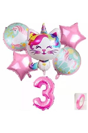 Unicorn Kedi Kitty Konsept 3 Yaş Balon Unicorn Konsept Doğum Günü Set Yaş Balon Set