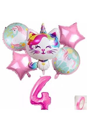 Unicorn Kedi Kitty Konsept 4 Yaş Balon Unicorn Konsept Doğum Günü Set Yaş Balon Set