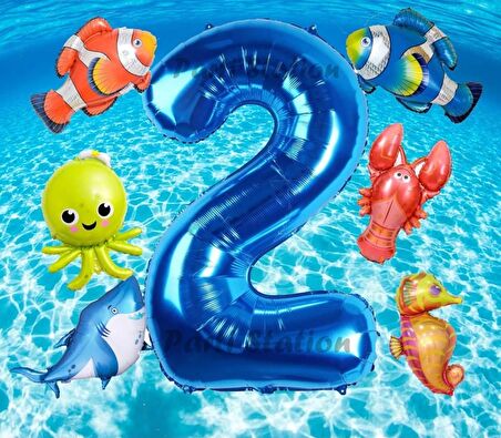 Okyanus Hayvanları 2 Yaş Doğum Günü Balon Set Deniz Canlıları Köpek Balığı Ahtapot Kırmızı Balık Set