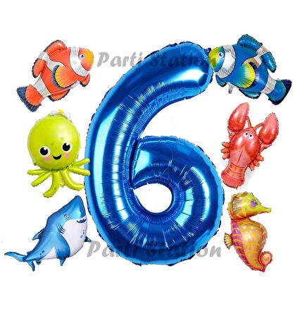Okyanus Hayvanları 6 Yaş Doğum Günü Balon Set Deniz Canlıları Köpek Balığı Ahtapot Kırmızı Balık Set