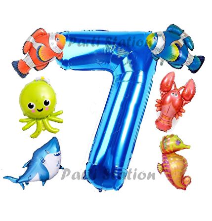 Okyanus Hayvanları 7 Yaş Doğum Günü Balon Set Deniz Canlıları Köpek Balığı Ahtapot Kırmızı Balık Set