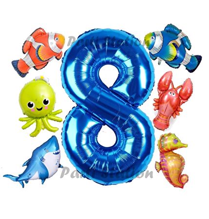 Okyanus Hayvanları 8 Yaş Doğum Günü Balon Set Deniz Canlıları Köpek Balığı Ahtapot Kırmızı Balık Set