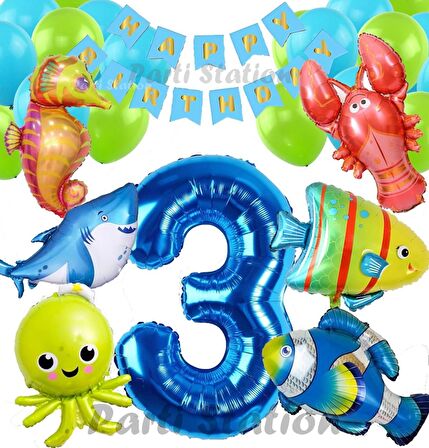 Büyük Boy Balonlu Okyanus Hayvanları 3 Yaş Doğum Günü Balon Set Deniz Canlıları Balon Set