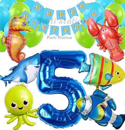 Büyük Boy Balonlu Okyanus Hayvanları 5 Yaş Doğum Günü Balon Set Deniz Canlıları Balon Set