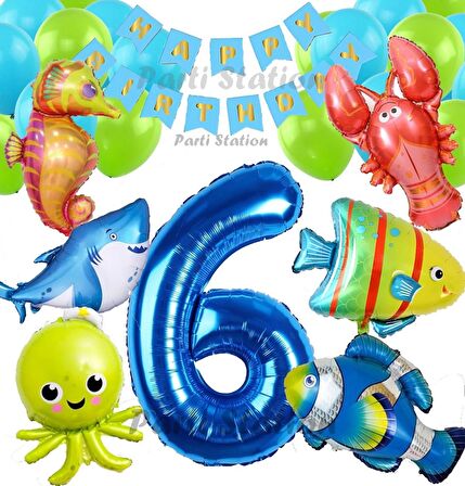 Büyük Boy Balonlu Okyanus Hayvanları 6 Yaş Doğum Günü Balon Set Deniz Canlıları Balon Set