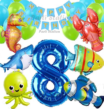 Büyük Boy Balonlu Okyanus Hayvanları 8 Yaş Doğum Günü Balon Set Deniz Canlıları Balon Set