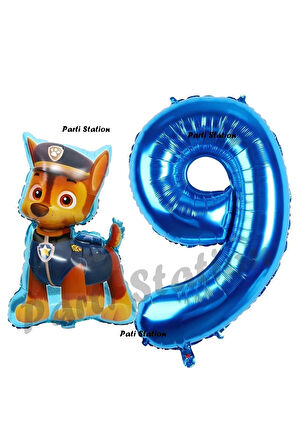 Paw Patrol Balon Paw Patrol Polis Köpek Chase 9 Yaş Balon ve Lacivert Rakam Balon Doğum Günü Set