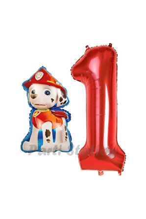 Paw Patrol İtfaiye Köpek Marshall 2 Yaş Balon ve Kırmızı Rakam Balon Doğum Günü Set