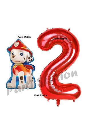 Paw Patrol İtfaiye Köpek Marshall 2 Yaş Balon ve Kırmızı Rakam Balon Doğum Günü Set