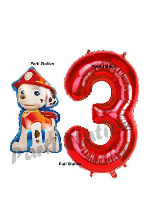 Paw Patrol İtfaiye Köpek Marshall 2 Yaş Balon ve Kırmızı Rakam Balon Doğum Günü Set