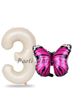 Pembe Kelebek Balon 7 Yaş Balon Set Kelebek Konsept Balon ve Krem Renk Rakam Balon