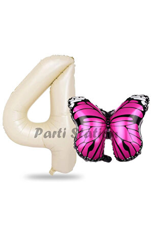 Pembe Kelebek Balon 7 Yaş Balon Set Kelebek Konsept Balon ve Krem Renk Rakam Balon