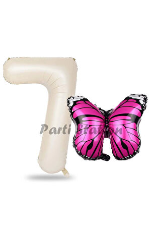 Pembe Kelebek Balon 7 Yaş Balon Set Kelebek Konsept Balon ve Krem Renk Rakam Balon