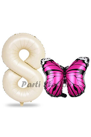 Pembe Kelebek Balon 7 Yaş Balon Set Kelebek Konsept Balon ve Krem Renk Rakam Balon