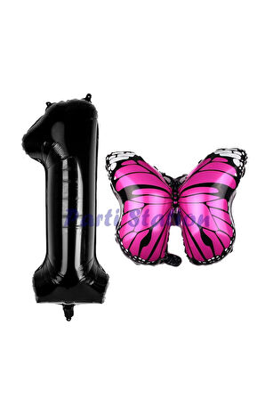Pembe Kelebek Balon 6 Yaş Balon Set Kelebek Konsept Balon ve Siyah Renk Rakam Balon
