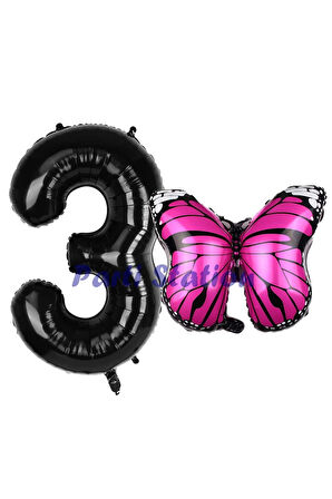 Pembe Kelebek Balon 6 Yaş Balon Set Kelebek Konsept Balon ve Siyah Renk Rakam Balon