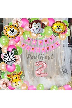 Kız Çocuk Safari Hayvanlar 2 Yaş Balon Set Pembe Safari Helyum Balon Set Safari Doğum Günü Set