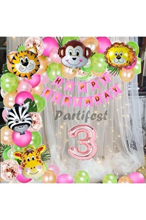 Kız Çocuk Safari Hayvanlar 3 Yaş Balon Set Pembe Safari Helyum Balon Set Safari Doğum Günü Set