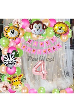 Kız Çocuk Safari Hayvanlar 4 Yaş Balon Set Pembe Safari Helyum Balon Set Safari Doğum Günü Set