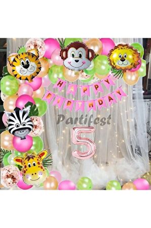 Kız Çocuk Safari Hayvanlar 5 Yaş Balon Set Pembe Safari Helyum Balon Set Safari Doğum Günü Set