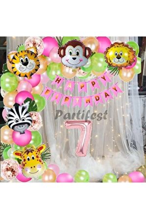Kız Çocuk Safari Hayvanlar 7 Yaş Balon Set Pembe Safari Helyum Balon Set Safari Doğum Günü Set