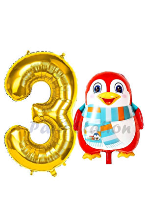 Sevimli Penguen Balon 9 Yaş Doğum Günü Balon Set Penguen Konsept ve Gold Renk Rakam Balon