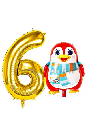 Sevimli Penguen Balon 9 Yaş Doğum Günü Balon Set Penguen Konsept ve Gold Renk Rakam Balon