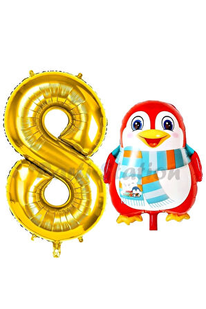 Sevimli Penguen Balon 9 Yaş Doğum Günü Balon Set Penguen Konsept ve Gold Renk Rakam Balon