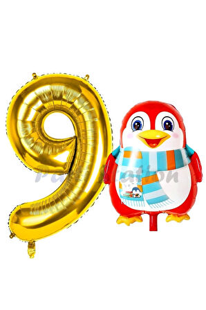 Sevimli Penguen Balon 9 Yaş Doğum Günü Balon Set Penguen Konsept ve Gold Renk Rakam Balon