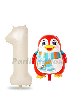 Sevimli Penguen Balon 1 Yaş Doğum Günü Balon Set Penguen Konsept ve Krem Renk Rakam Balon