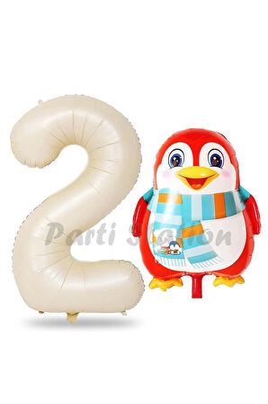 Sevimli Penguen Balon 1 Yaş Doğum Günü Balon Set Penguen Konsept ve Krem Renk Rakam Balon