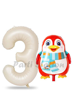 Sevimli Penguen Balon 1 Yaş Doğum Günü Balon Set Penguen Konsept ve Krem Renk Rakam Balon