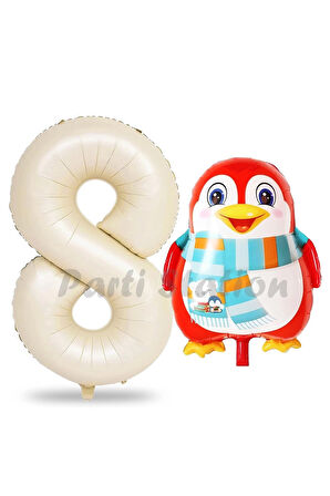 Sevimli Penguen Balon 1 Yaş Doğum Günü Balon Set Penguen Konsept ve Krem Renk Rakam Balon