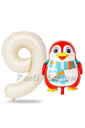 Sevimli Penguen Balon 1 Yaş Doğum Günü Balon Set Penguen Konsept ve Krem Renk Rakam Balon