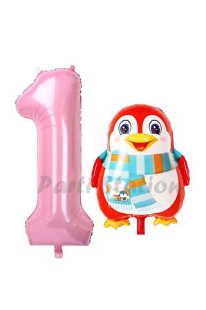 Sevimli Penguen Balon 1 Yaş Doğum Günü Balon Set Penguen Konsept ve Pembe Renk Rakam Balon