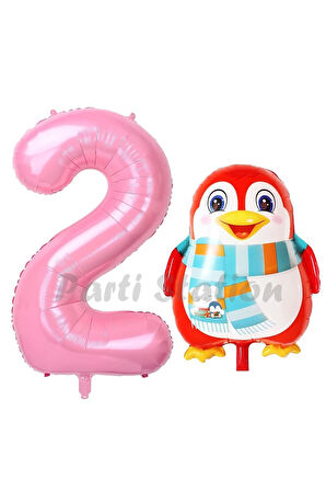 Sevimli Penguen Balon 1 Yaş Doğum Günü Balon Set Penguen Konsept ve Pembe Renk Rakam Balon